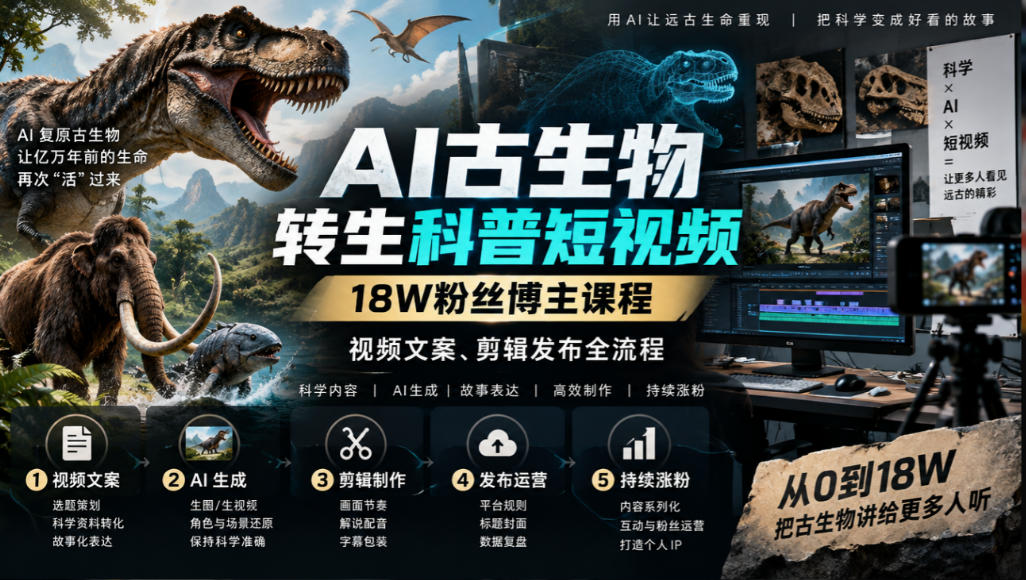 AI古生物转生科普短视频，18W粉丝博主课程，视频文案、剪辑发布全流程 - 臻优资源网