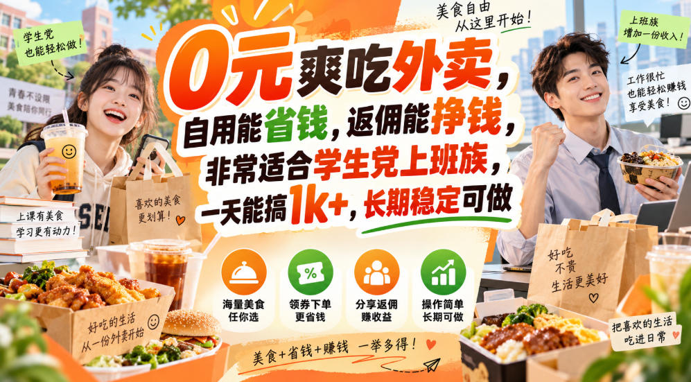0元爽吃外卖，自用能省钱，返佣能挣钱，非常适合学生党上班族，一天能搞1k+，长期稳定可做 - 臻优资源网