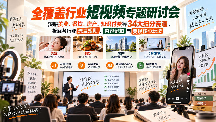 短视频专题研讨会，深耕美业、餐饮、房产、知识付费等34大细分赛道，拆解各行业流量规则、内容逻辑与变现核心玩法（更新1011） - 臻优资源网