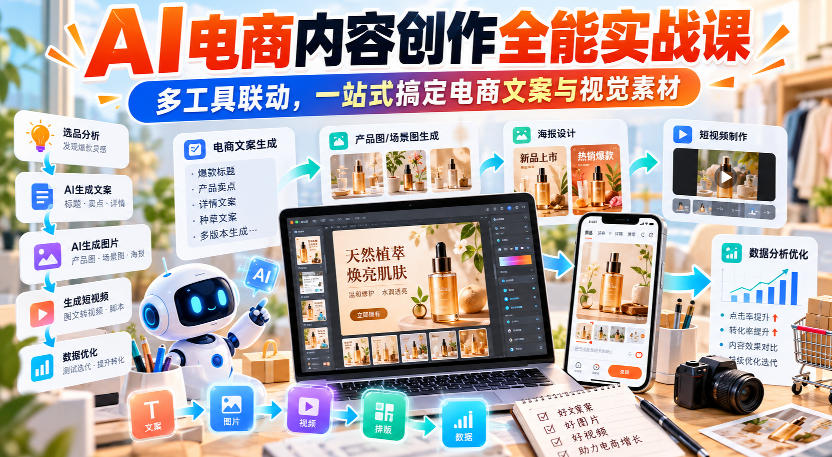 【无水印】AI电商内容创作全能实战课｜多工具联动，一站式搞定电商文案与视觉素材 - 臻优资源网