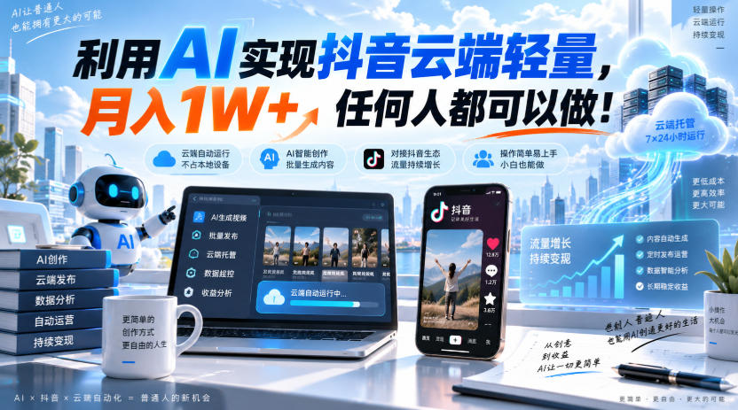 利用AI实现抖音云端轻量，月入1W+，任何人都可以做！【揭秘】 - 臻优资源网