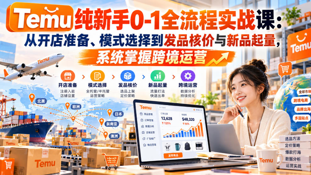 【无水印】Temu纯新手0-1全流程实战课：从开店准备、模式选择到发品核价与新品起量，系统掌握跨境运营 - 臻优资源网