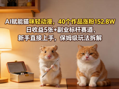 AI赋能猫咪轻动漫，40个作品涨粉152.8W，日收益5张+副业标杆赛道，新手直接上手，保姆级玩法拆解 - 臻优资源网