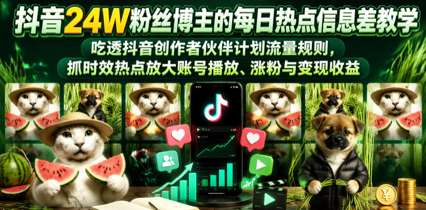 抖音24W粉丝博主的每日热点信息差教学，吃透创作者伙伴计划流量规则，抓时效热点放大账号播放、涨粉与变现收益 - 臻优资源网