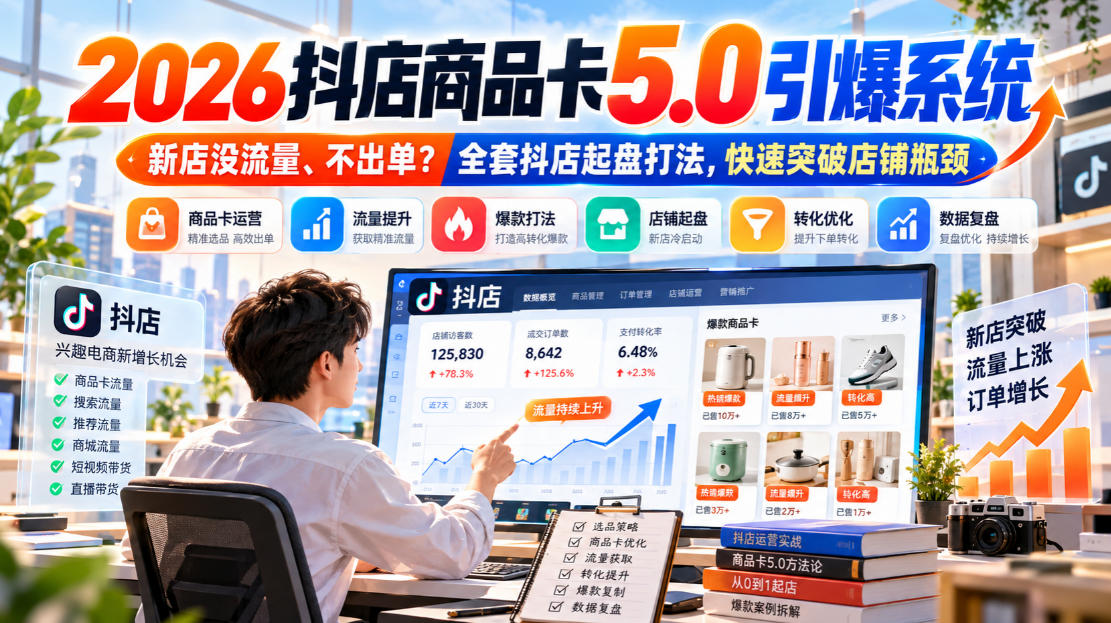 2026抖店商品卡5.0引爆系统，新店没流量、不出单？全套抖店起盘打法，快速突破店铺瓶颈 - 臻优资源网