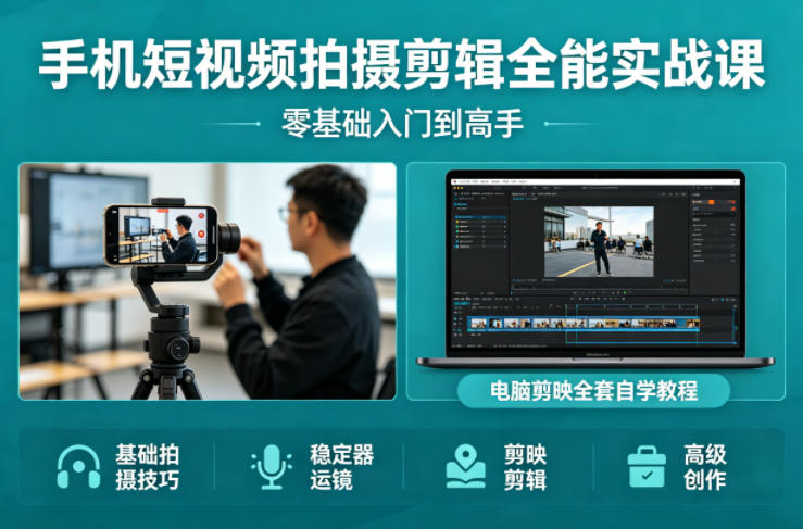 手机短视频拍摄剪辑全能实战课：零基础入门到高手，稳定器运镜+电脑剪映全套自学教程 - 臻优资源网