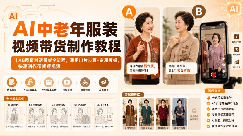 AI中老年服装视频带货制作教程｜AB剧情对话带货全流程，通用出片步骤+专属模板，快速制作带货短视频 - 臻优资源网