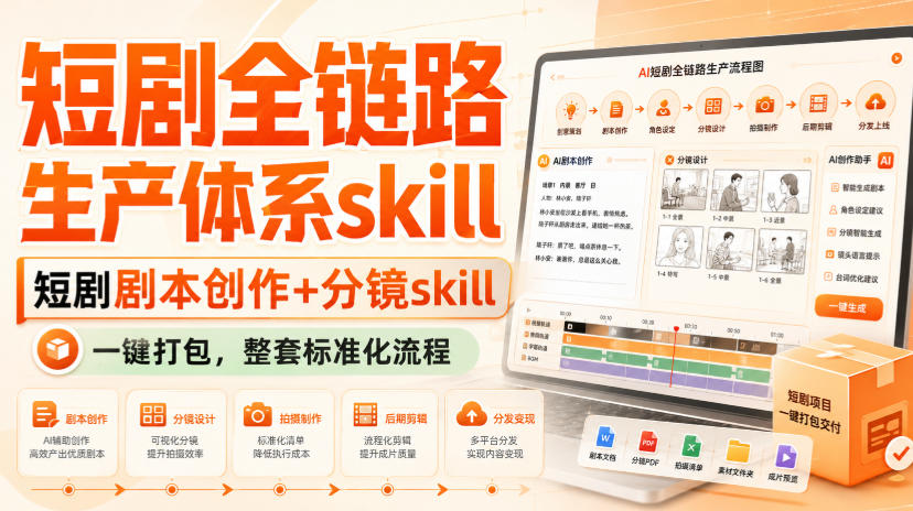 短剧全链路生产体系skill，短剧剧本创作+分镜skill，一键打包，整套标准化流程 - 臻优资源网
