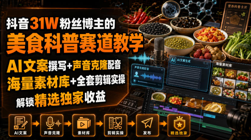 抖音31W粉丝博主的美食科普赛道教学，AI文案撰写+声音克隆配音+剪辑实操，解锁精选独家收益 - 臻优资源网