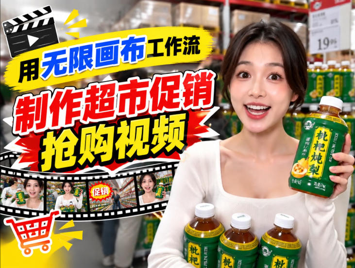 无限画布超市促销抢购视频工作流，一键产出TikTok抖音带货短视频 - 臻优资源网