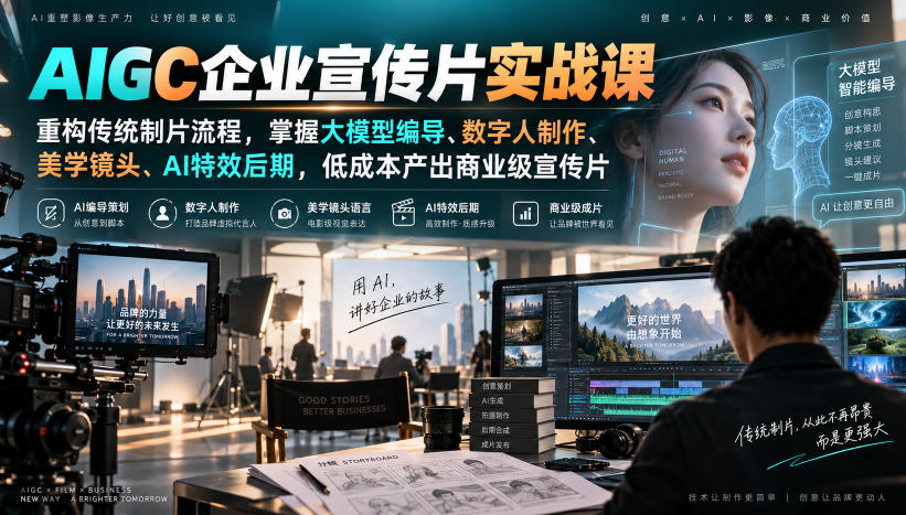 AIGC企业宣传片实战课，重构传统制片流程，掌握大模型编导、数字人制作、美学镜头、AI特效后期，低成本产出商业级宣传片 - 臻优资源网