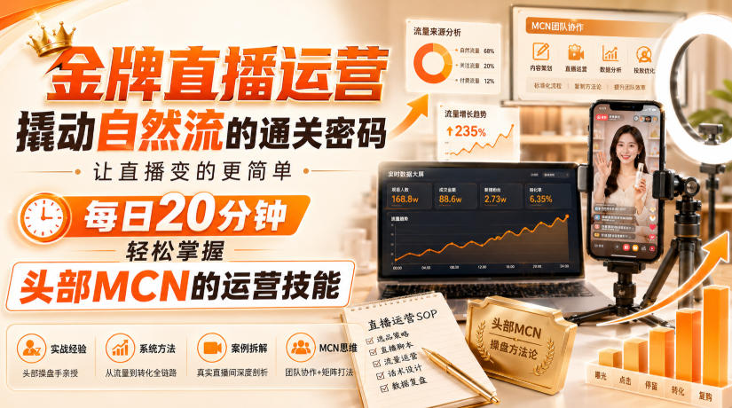 金牌直播运营撬动自然流的通关密码，让直播变的更简单，每日20分钟，轻松掌握头部MCN的运营技能 - 臻优资源网