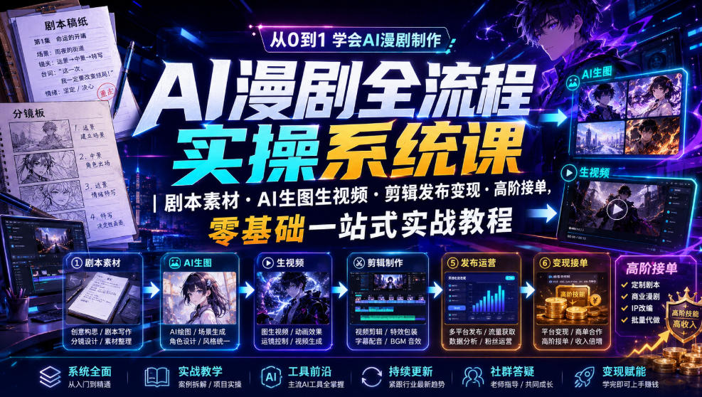 AI漫剧全流程实操系统课｜剧本素材・AI生图生视频・剪辑发布变现・高阶接单，零基础一站式实战教程 - 臻优资源网