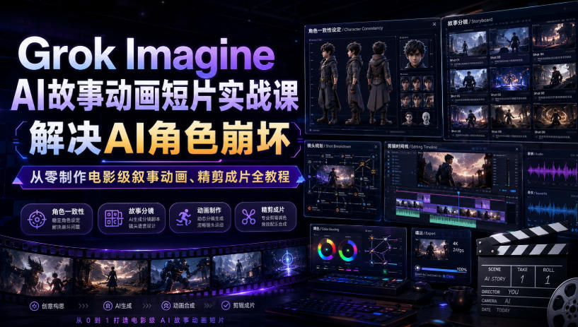 Grok Imagine AI故事动画短片实战课｜解决AI角色崩坏，从零制作电影级叙事动画、精剪成片全教程（中英字幕） - 臻优资源网