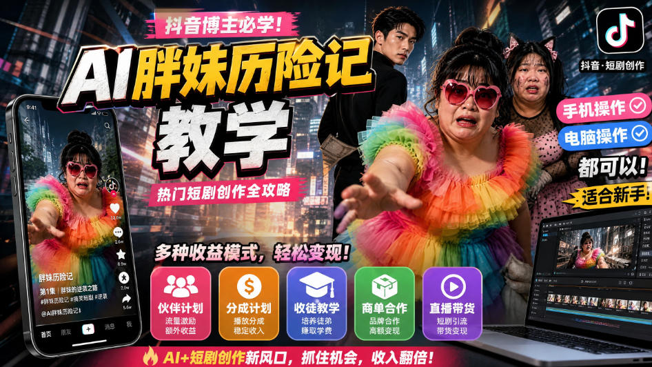 抖音博主的AI胖妹历险记教学，伙伴计划+分成计划+收徒+商单等多种收益，适合新手，手机电脑都可以操作 - 臻优资源网