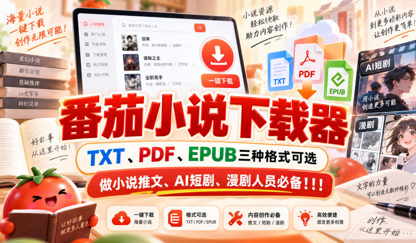 番茄小说下载器，TXT、PDF、EPUB三种格式可选，做小说推文、AI短剧、漫剧人员必备！！！ - 臻优资源网