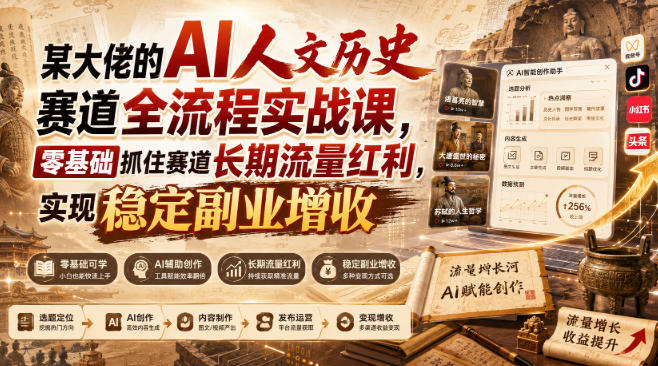 某大佬的AI人文历史赛道全流程实战课，零基础抓住赛道长期流量红利，实现稳定副业增收 - 臻优资源网