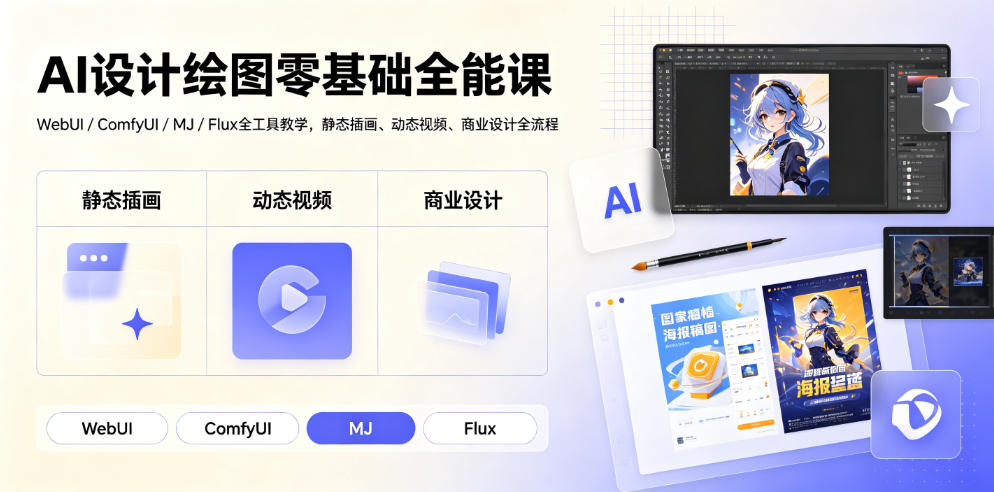 AI设计绘图零基础全能课｜WebUI/ComfyUI/MJ/Flux全工具教学，静态插画、动态视频、商业设计全流程 - 臻优资源网