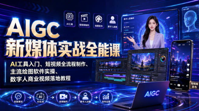 AIGC新媒体实战全能课｜AI工具入门、短视频全流程制作、主流绘图软件实操、数字人商业视频落地教程 - 臻优资源网