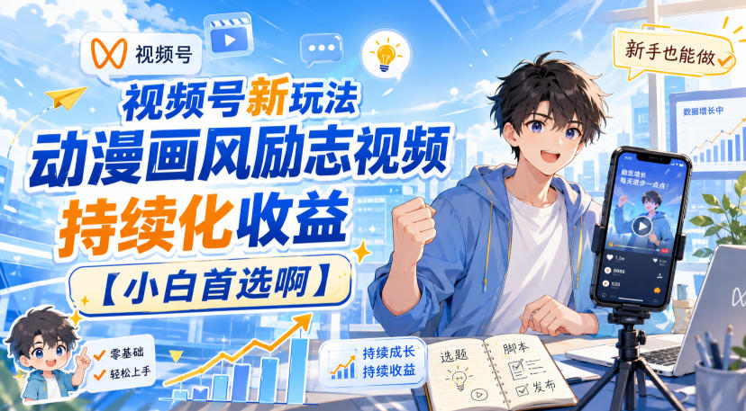 视频号新玩法动漫画风励志视频，持续化收益【小白首选啊】 - 臻优资源网