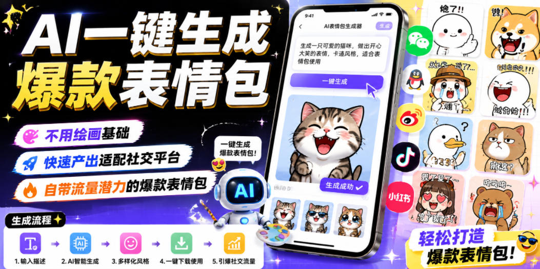AI一键生成爆款表情包，不用绘画基础，快速产出适配社交平台，自带流量潜力的爆款表情包 - 臻优资源网