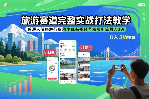 旅游赛道完整实战打法教学，普通人做旅游行业用小红书视频号精准引流月入3W - 臻优资源网