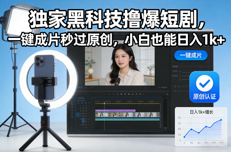 独家黑科技撸爆短剧，一键成片秒过原创，小白也能日入1k+【揭秘】 - 臻优资源网