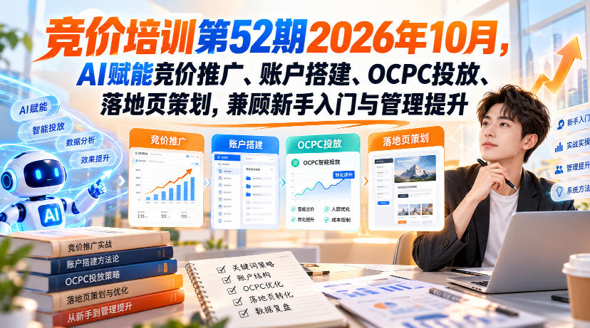 【无水印】竞价培训第52期2026年10月，AI赋能竞价推广、账户搭建、OCPC投放、落地页策划，兼顾新手入门与管理提升 - 臻优资源网