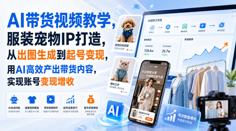 AI带货视频教学，服装宠物IP打造，从出图生成到起号变现，用AI高效产出带货内容，实现账号变现增收 - 臻优资源网