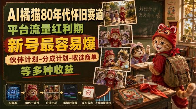AI橘猫80年代怀旧赛道，平台流量红利期，新号最容易爆，伙伴计划-分成计划-收徒商单等多种收益 - 臻优资源网