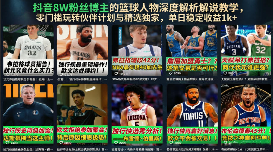 抖音8W粉丝博主的篮球人物深度解析解说教学，零门槛玩转伙伴计划与精选独家，单日稳定收益1k+ - 臻优资源网