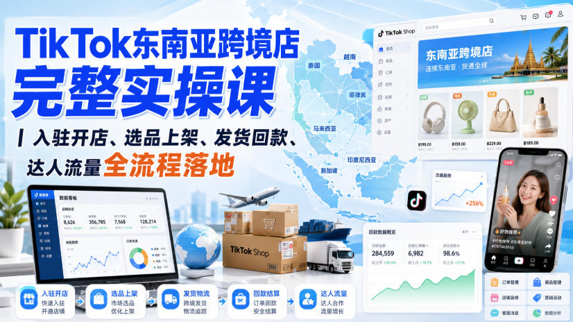 TikTok东南亚跨境店完整实操课｜入驻开店、选品上架、发货回款、达人流量全流程落地 - 臻优资源网