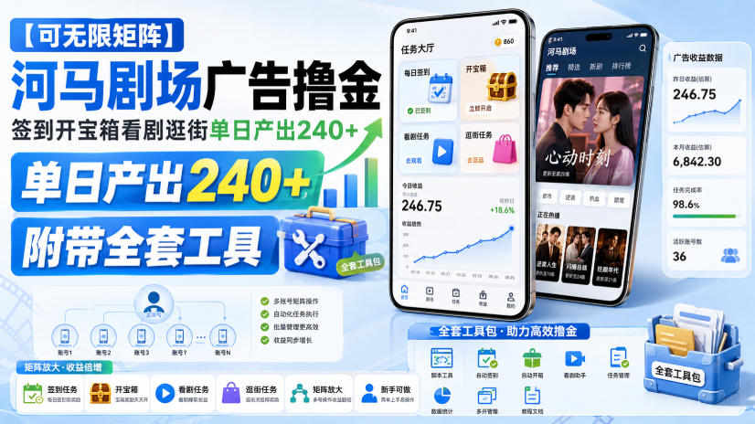 【可无限矩阵】河马剧场广告撸金，签到开宝箱看剧逛街单日产出240+，附带全套工具【揭秘】 - 臻优资源网