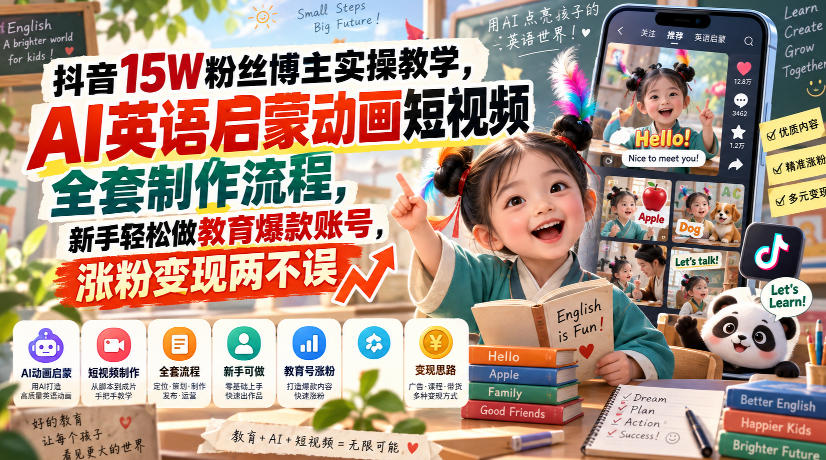 抖音15W粉丝博主实操教学，AI英语启蒙动画短视频全套制作流程，新手轻松做教育爆款账号，涨粉变现两不误 - 臻优资源网