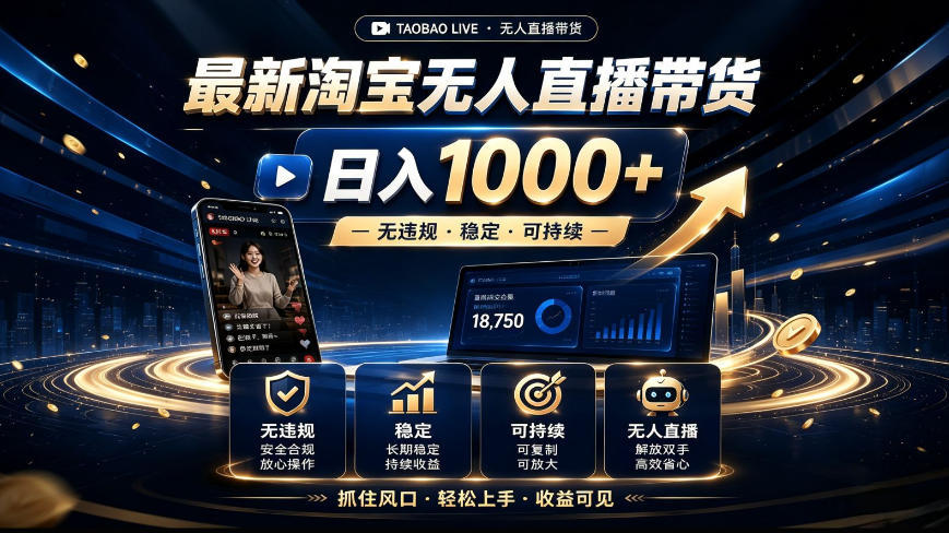 2026最新淘宝无人直播带货，日入1k+，无违规·稳定·可持续，抓住风口，轻松上手，收益可见【揭秘】 - 臻优资源网