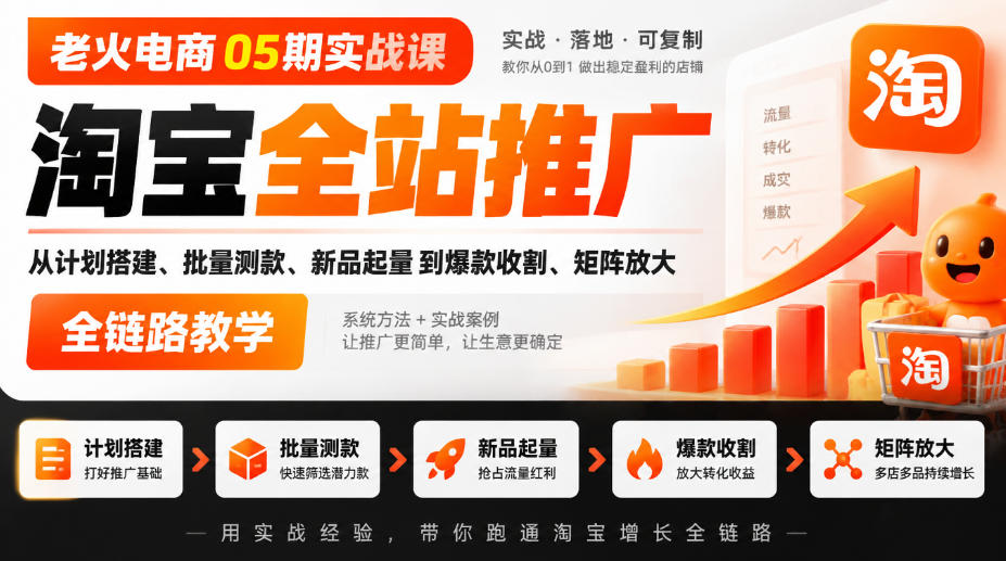 老火电商05期实战课｜淘宝全站推广从计划搭建、批量测款、新品起量到爆款收割、矩阵放大全链路教学 - 臻优资源网