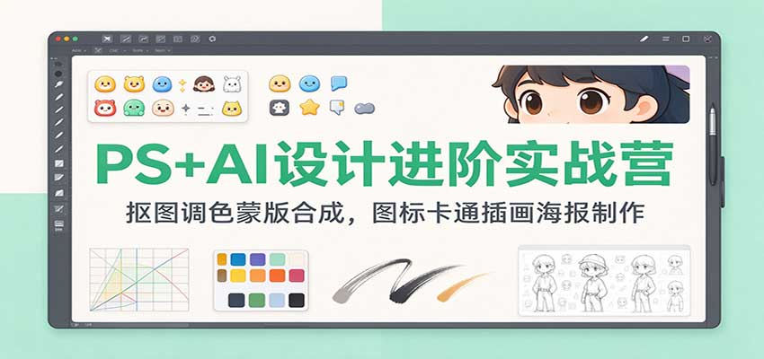 PS+AI设计进阶实战营：抠图调色蒙版合成，图标卡通插画海报制作 - 臻优资源网