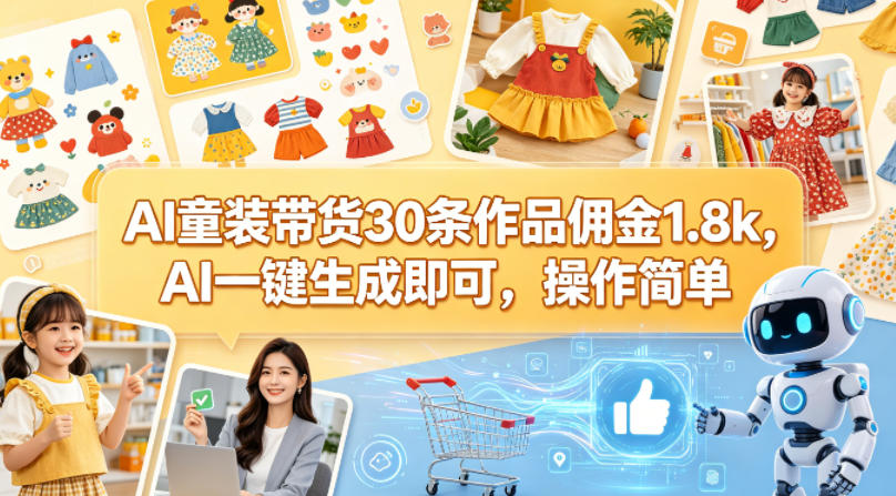 AI童装带货30条作品佣金1.8k，AI一键生成即可，操作简单 - 臻优资源网
