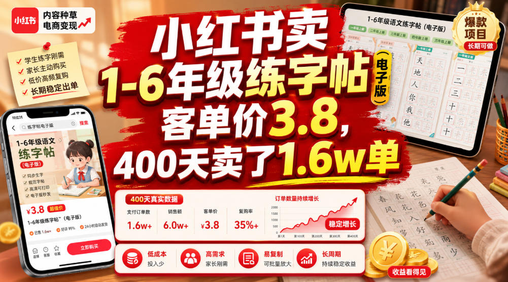小红书卖1-6年级练字帖（电子版），客单价3.8，400天卖了1.6w单 - 臻优资源网