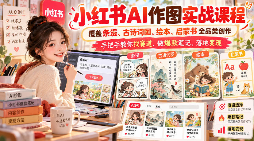 小红书AI作图实战课程，覆盖条漫、古诗词图、绘本、启蒙书全品类创作，手把手教你找赛道、做爆款笔记、落地变现 - 臻优资源网