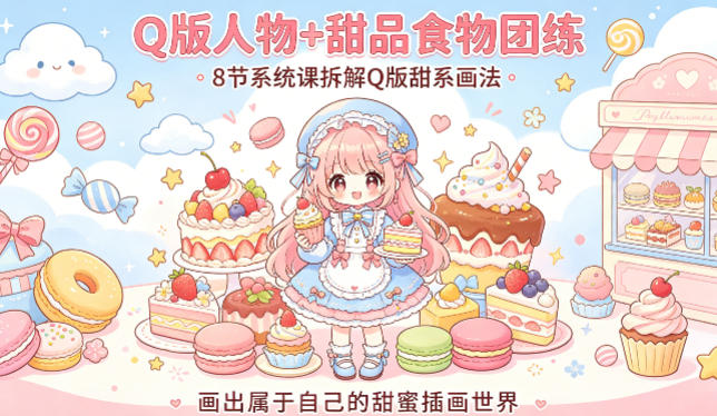 Q版人物+甜品食物团练，8节系统课拆解Q版甜系画法，画出属于自己的甜蜜插画世界 - 臻优资源网
