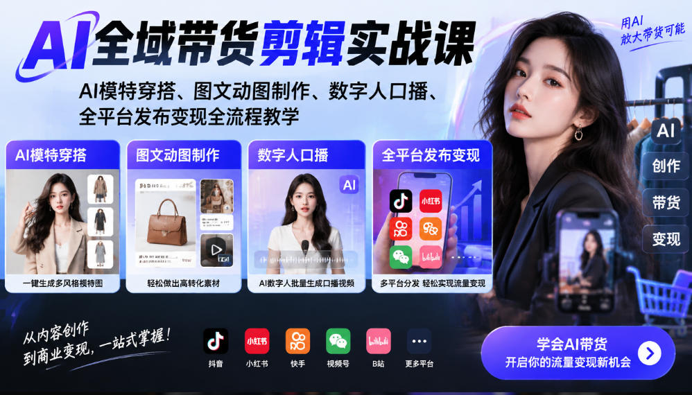 AI全域带货剪辑实战课｜AI模特穿搭、图文动图制作、数字人口播、全平台发布变现全流程教学 - 臻优资源网