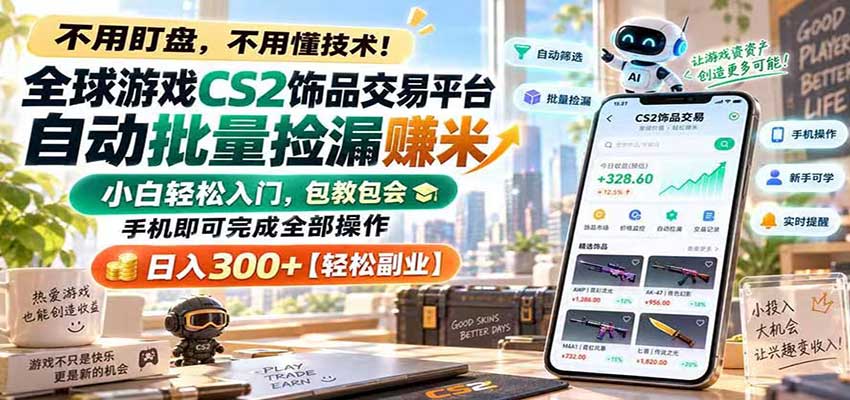 全球游戏CS2饰品交易平台自动批量捡漏赚米，手机即可完成全部操作，日入300+ - 臻优资源网