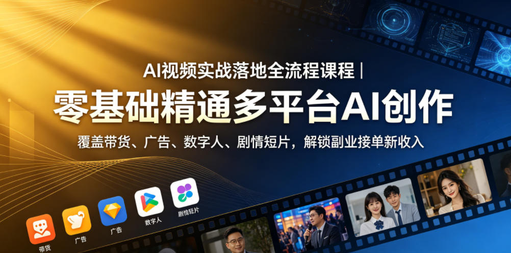 AI视频实战落地全流程课程｜零基础精通多平台AI创作，覆盖带货、广告、数字人、剧情短片，解锁副业接单新收入 - 臻优资源网