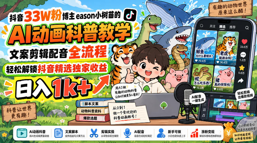 抖音33W粉博主eason小树苗的AI动画科普教学，文案剪辑配音全流程，轻松解锁抖音精选独家收益，日入1k+ - 臻优资源网
