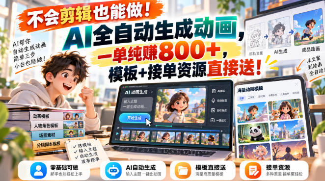 不会剪辑也能做！AI全自动生成动画，一单纯賺800+，模板+接单资源直接送！【揭秘】 - 臻优资源网