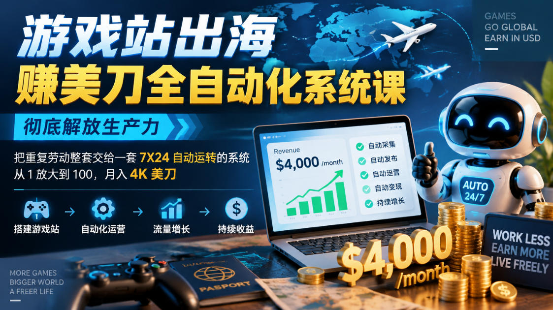 游戏站出海賺美刀全自动化系统课，彻底解放生产力–把重复劳动整套交给一套7X24自动运转的系统，从1放大到100，月入4K美刀 - 臻优资源网