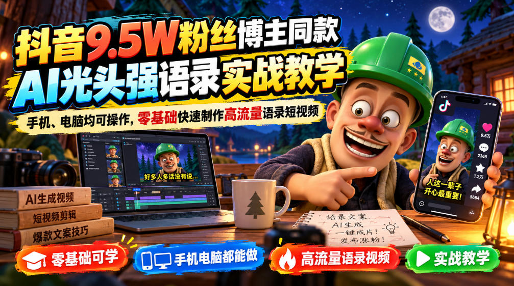 抖音9.5W粉丝博主同款AI光头强语录实战教学，手机、电脑均可操作，零基础快速制作高流量语录短视频 - 臻优资源网