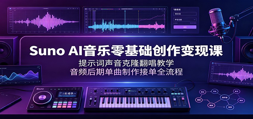 Suno AI音乐零基础创作变现课：提示词声音克隆翻唱教学，音频后期单曲制作接单全流程 - 臻优资源网