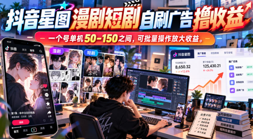 抖音星图漫剧短剧自刷广告撸收益，一个号单机50-150之间，可批量操作放大收益 - 臻优资源网